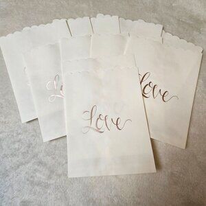 Set Of 11 White Scalloped Treat Bags With Rose Gold "Love" Print Wedding Party F